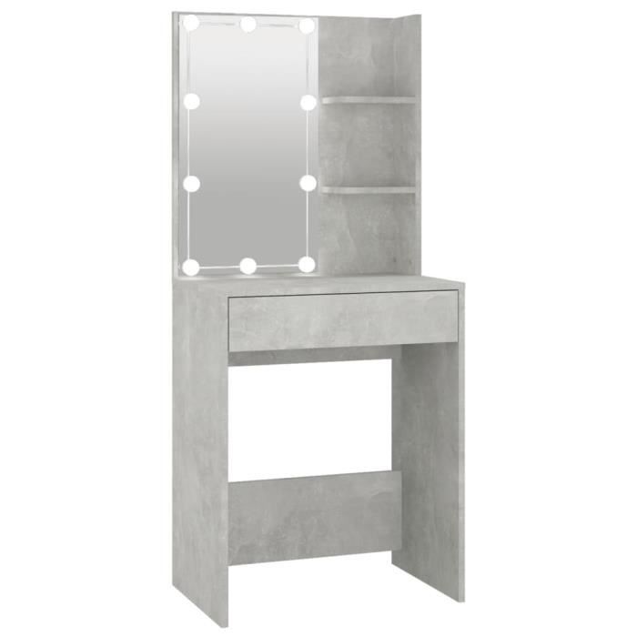 Coiffeuse - DILWE - Modèle avec LED - Gris béton - 60x40x140 cm - 1 tiroir - Miroir inclus