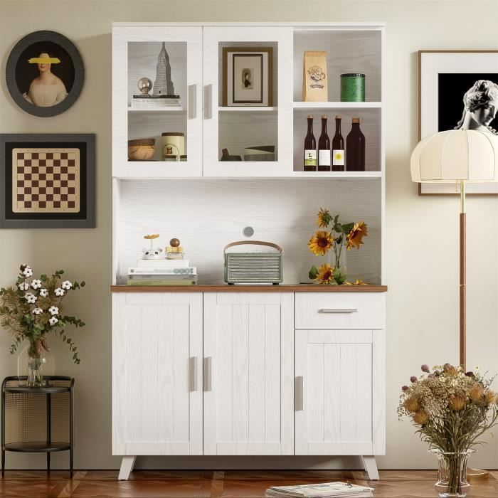 Buffet de cuisine - DREAMMESPACE - 114x40x190cm - 5 portes - 1 tiroir - Bois blanc et marron