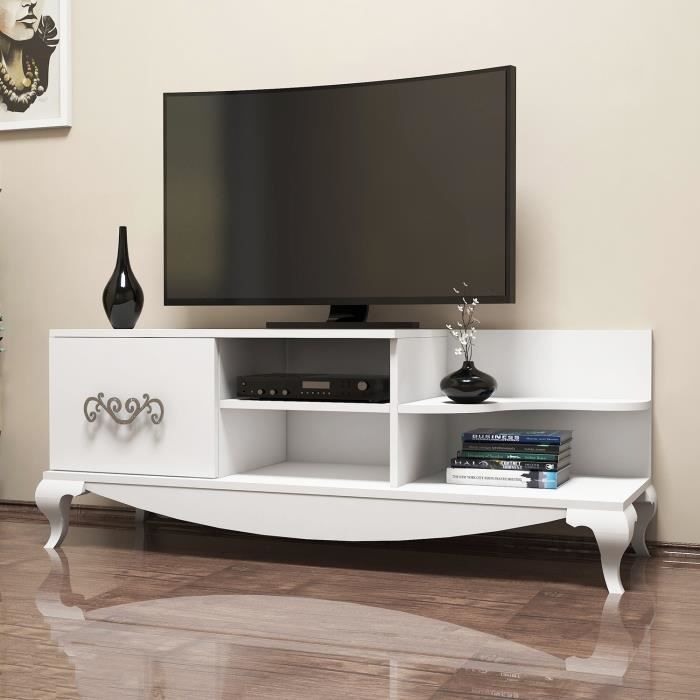 meuble tv - emob - woody fashion - blanc - 130 cm - 45 cm - aspect bois