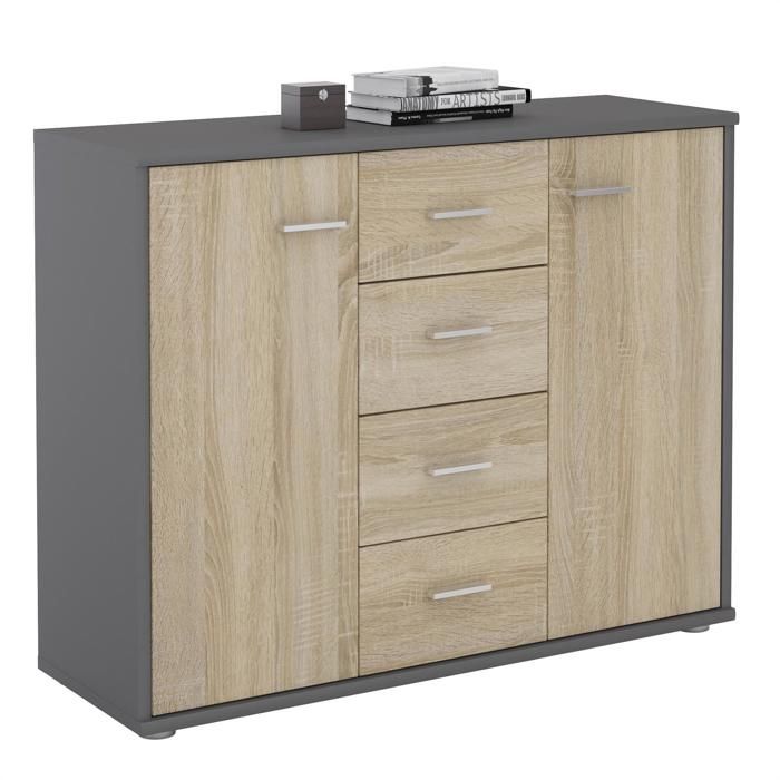 Buffet ELODIE commode meuble de rangement avec 4 tiroirs et 2 portes en mélaminé gris mat et décor chêne sonoma Buffet ELODIE commode meuble de rangement avec 4 tiroirs et 2 portes en mélaminé gris mat et décor chêne sonoma