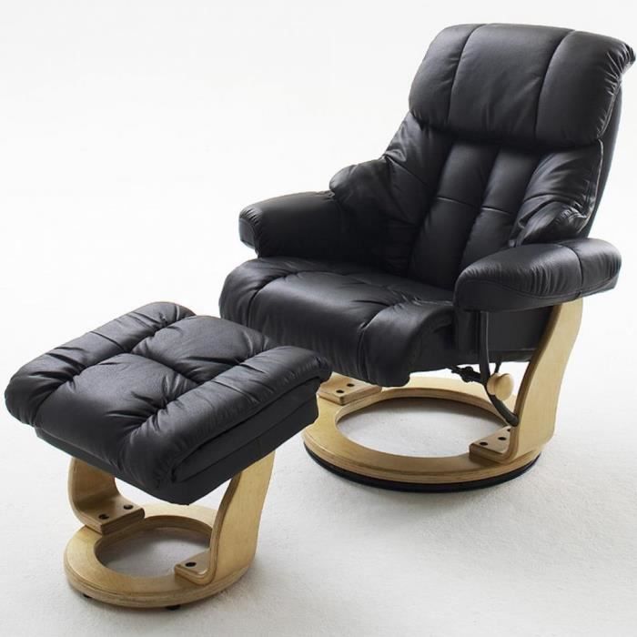 fauteuil relax clairac assise en cuir noir pied en bois naturel avec repose pied noir cuir inside75
