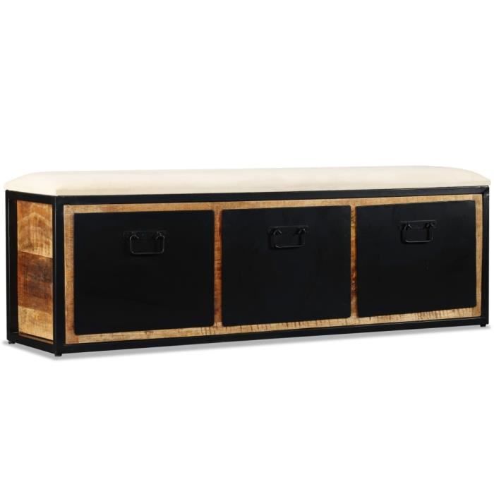 banc de rangement avec 3 tiroirs - omabeta - vintage - marron et noir - bois de manguier massif + cadre en fer forgé - 120x30x40 cm