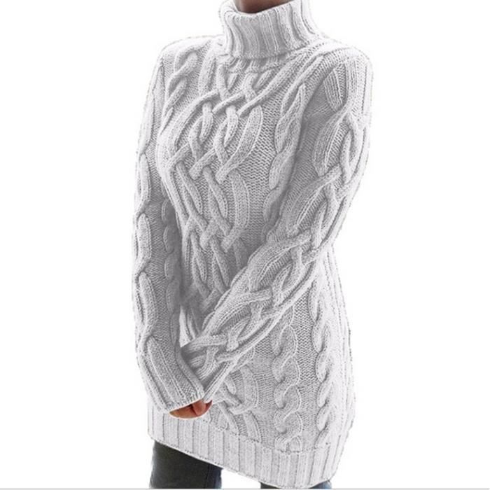 Robe pull col roule femme epais blanc chaud hiver Tricote elegant Sweat Manche longue Robe pull fille maille grande taille Chandail Blanc Cdiscount Pret a Porter