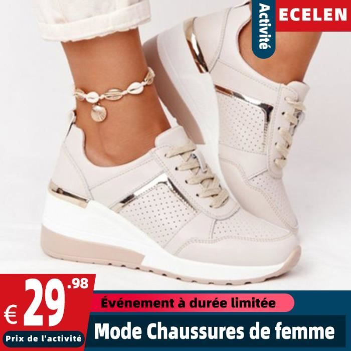Baskets de mode pour femmes - ECELEN - Compensé - Lacets - Blanc - Synthétique