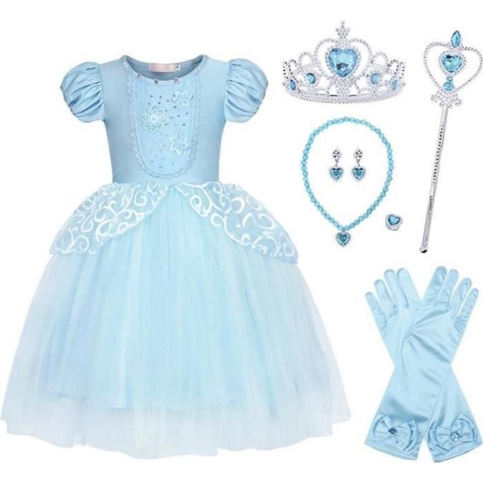 Déguisement Cendrillon Princesse Pour Fille – Robe Bleue + Accessoires (couronne, Baguette, Bijoux) – Tailles 2 à 9 Ans