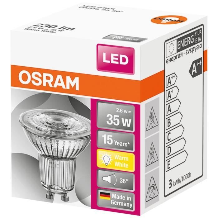 osram spot par16 led 36 verre 2.6w gu10 230lm 2700k chaud - boite de 1