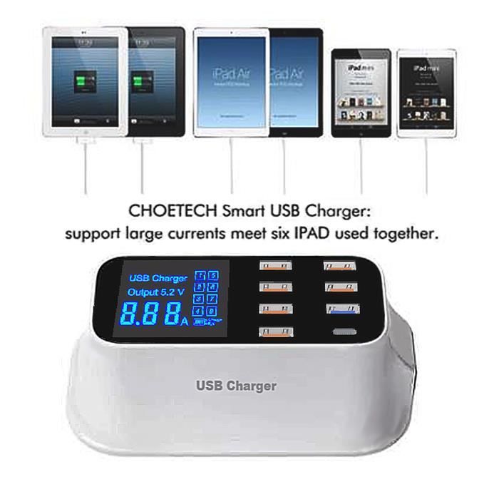 Chargeur Intelligent Rapide 8 ports USB Adaptateur Secteur Bureau Écran LCD Stations de Charge pour iPhone iPad Tablettes et d’autres Appareils USB Smartphones 