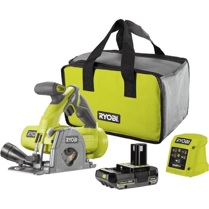 RYOBI - Scie multi-matériaux 18V ONE+ 85 mm x 15 mm + batterie 4,0 Ah, chargeur, sac, 2 lames, guide