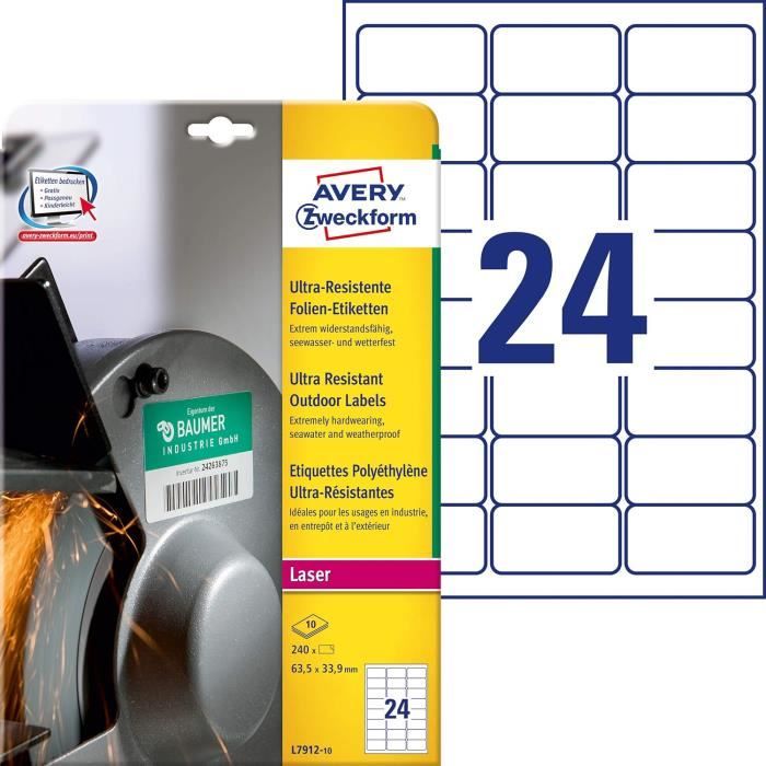 Avery L7063-20 Lot De 280 Étiquettes Très Résistantes Laser - 99,1 X 38,1 Mm, 14 Par Feuille, Waterproof Et Indéchirables