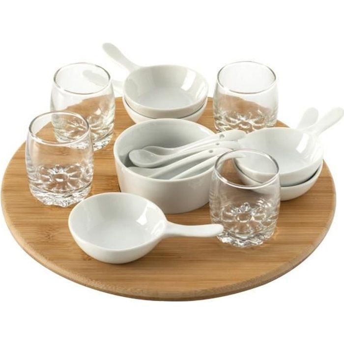 Secret de Gourmet - Set Apéritif 14 pièces : 1 Plateau rotatif en Bambou 4 Verrines  5 Coupelles et 4 Cuillères