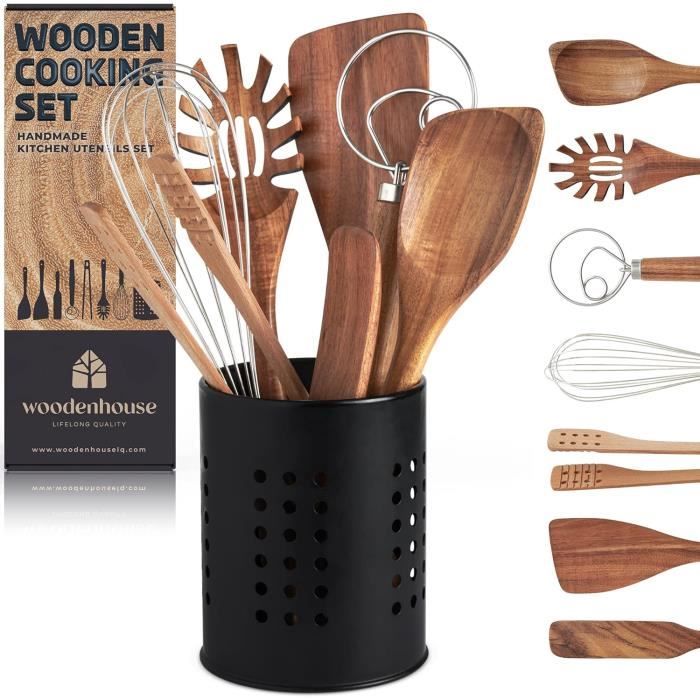 Ustensiles de Cuisine Bois et Pot de Rangement Kit Ustensiles de