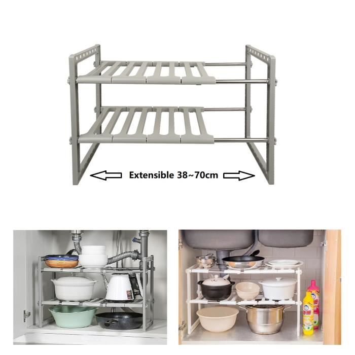 Meuble sous évier de cuisine Gris - WILLONIN - Etagère extensible 38-70cm - Rangement pour salle de bain