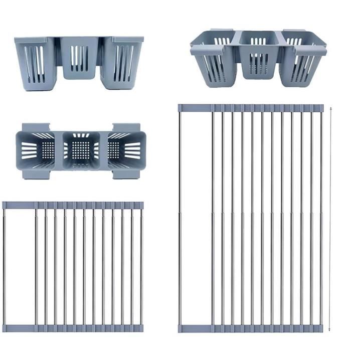 Égouttoir à Vaisselle Extensible | Inox Et Plastique | Avec Porte-Couverts | Noir | Pour Petites Cuisines