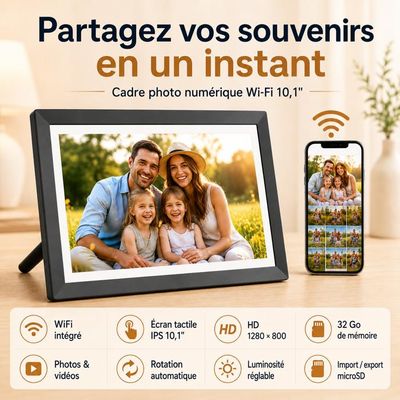 Cadre Photo Numérique 10,1 Pouces WiFi 32 Go - Écran Tactile IPS HD - Partage Instantané Via App - Rotation Automatique - Cadeau Pour Parents - 2