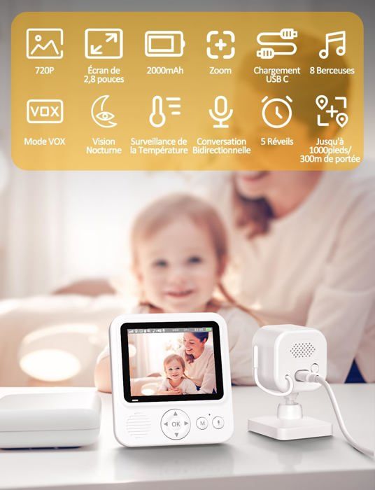 GHB Babyphone Caméra 2.8'' 720P HD - Écran IPS, Vision Nocturne, VOX Et 8 Berceuses