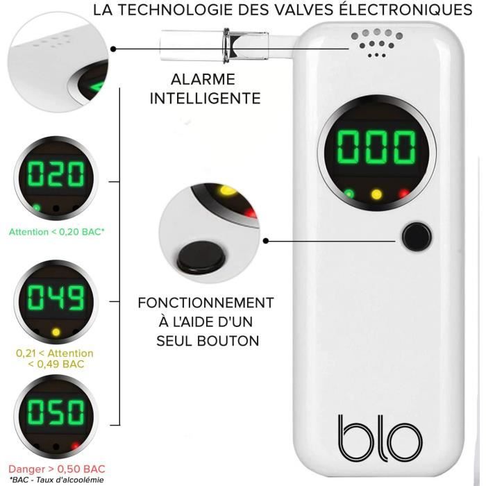  BLO Ethylotest Portable avec 5 Embouts buccaux Advance -  Jetable Testeur d'alcoolémie avec écran LCD numérique - Haute précision et  résultats Rapides - Ethylotest electronique homologué nf