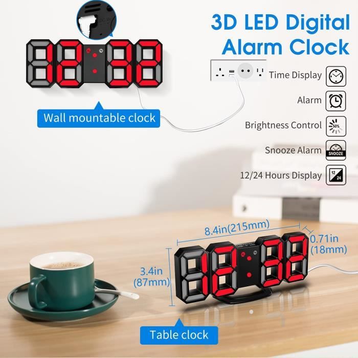 LED Horloge Digital Murale Silencieuse Grand 3D Numérique Blanche Moderne  L'alarme De Snooze Luminosité de 3 Niveau USB Charge - Cdiscount Maison