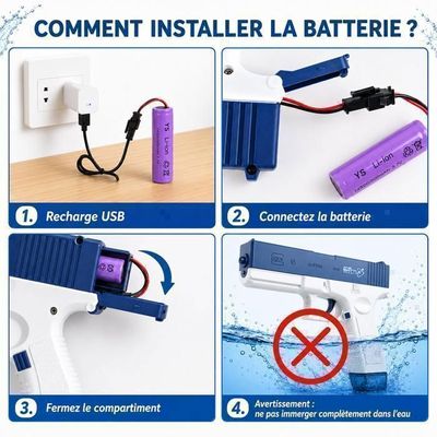 Pistolet à Eau Électrique Longue Portée – Deux Réservoirs 450 Ml + 30 Ml – Batterie USB 1200 MAh – IP67 – Bleu