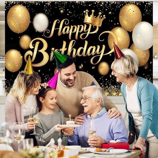 GRESATEK Anniversaire Bannière, Argent Noir Happy Birthday Banner Fête Décoration Bannière, Arrière Plan Affiche De Signe Photographie Anniversaire Pour Femme Homme