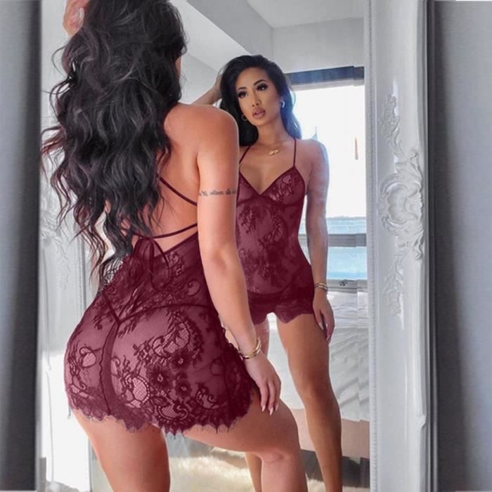 Femmes Sexy Dentelle Robe De Lingerie Noire Vetements De Nuit Robe De Nuit Dos Nu Pyjama l20477 Terre cuite Cdiscount Pret a Porter