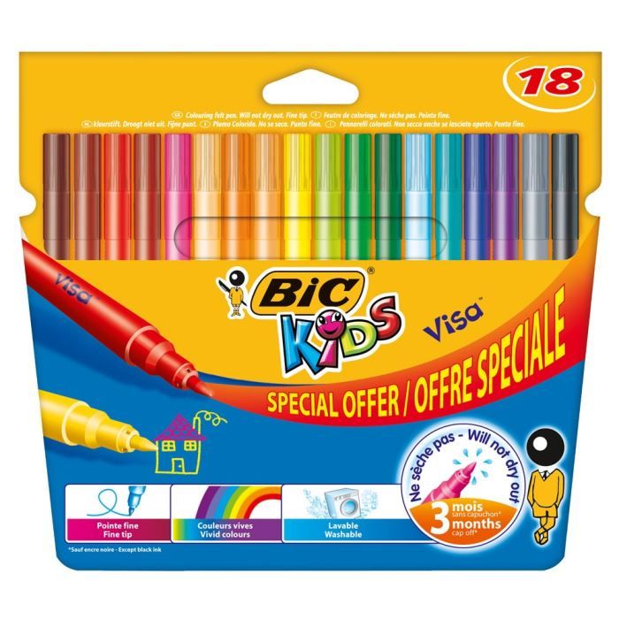Feutres Coloriage BIC Kids Visa – Pointe Fine, Lavables, 12 Couleurs Vives, Lot De 3 Étuis (36 Feutres)