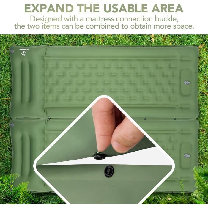 KASIMO Matelas Camping Gonflable 1 Place – Épaisseur 8 Cm – Oreiller Intégré – Pompe à Pied – Ultraléger 800 G – Vert – Pour Randonnée Et Voyage
