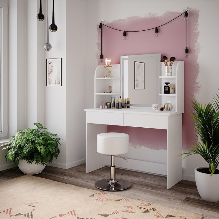Meuble Coiffeuse avec tabouret rembourré doux pour chambre à coucher,Table de Maquillage avec miroir à écran tactile 3 couleurs,Coiffeuse Table avec 6