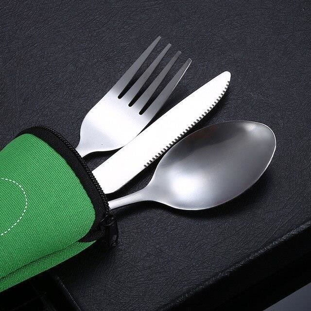 Couverts de voyage en acier inoxydable avec sac, vaisselle portable  imprimée, cuillère, fourchette, couteau à steak