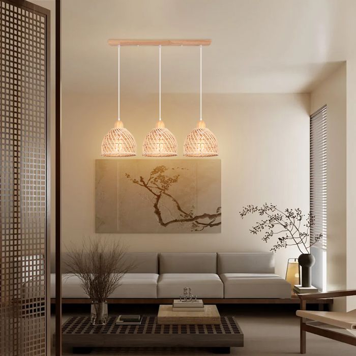 Suspension Luminaire Bambou Boho 3 Lumières - Lustre Tissé Main Vintage Pour Salon Chambre Cuisine