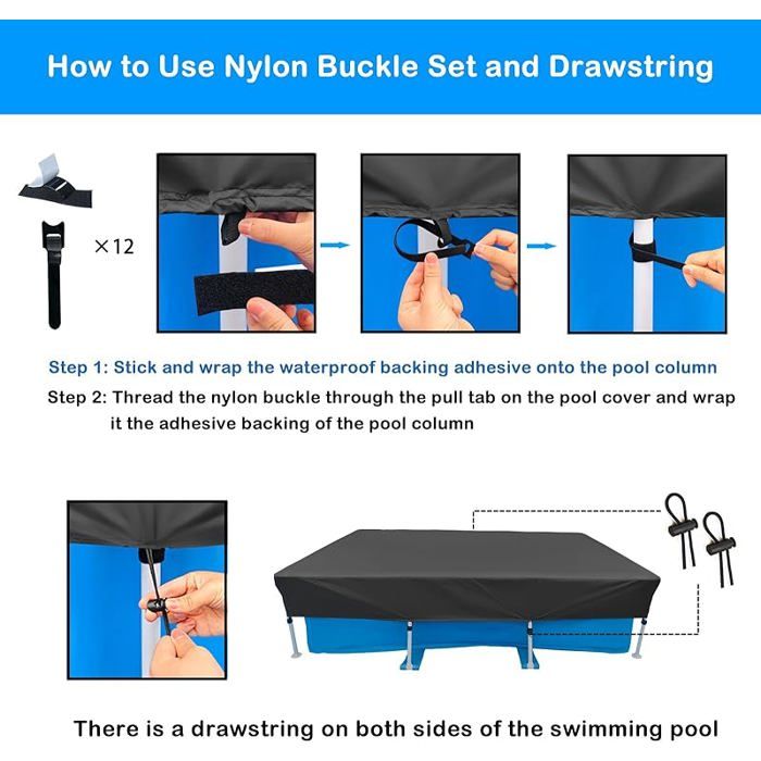 Bâche De Piscine Rectangulaire 400×215×30 Cm – Anti-poussière, UV, Avec Sangles Et Scratchs Pour Cadre Hors-sol, Noir