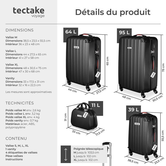 Set de Valises Rigides ABS, 4 Pièces S M L XL avec Trousse de Toilette