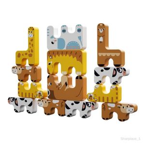 ASSEMBLAGE CONSTRUCTION 15 pièces briques de construction d'animaux jouet en bois jeu éducatif empilable blocs de construction marron jaune blanc
