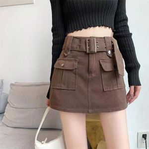 JUPE Lucyever-Mini jupe taille haute pour femme avec ceinture,style coréen,culotte courte,streetwear Y2K,grandes poches- COFFEE[D247]