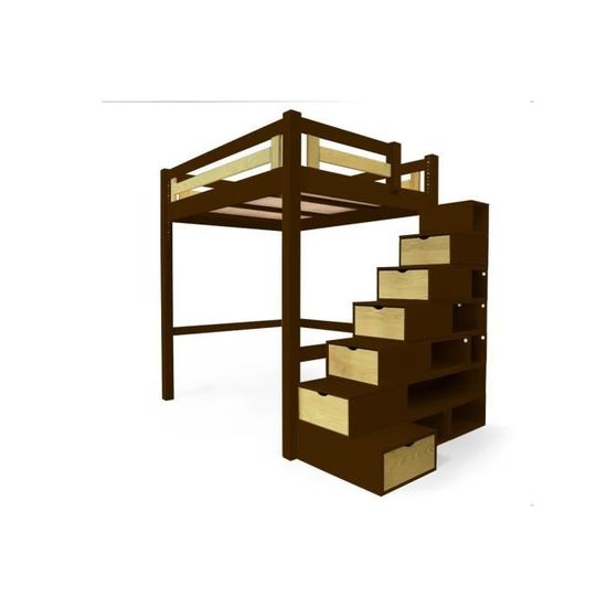 Lit Mezzanine Alpage bois + escalier cube hauteur réglable - ABC MEUBLES - 120X200 - Wengé/Vernis naturel