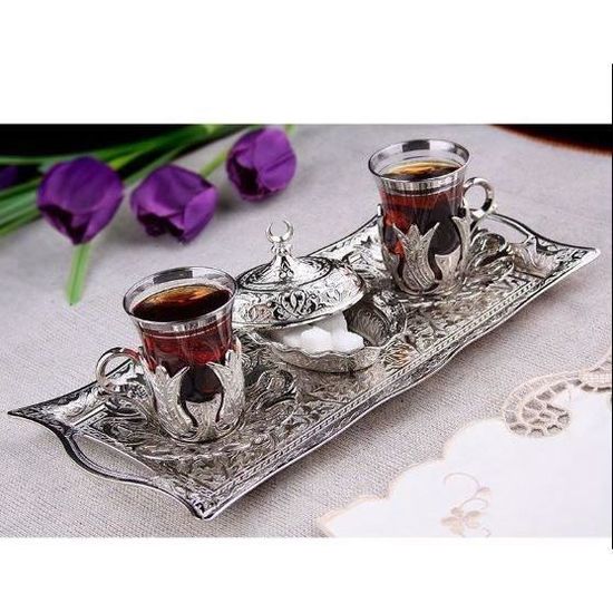 Service À Thé - Café,Service à thé turc en argent pour deux verres à thé, sucrier et plateau de présentation