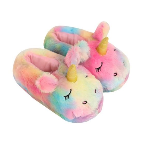 Chaussons Licorne Fille En Peluche Douce - Pantoufles Antidérapantes Pour Enfant, Hiver, Maison, Tailles 22 à 29 EU
