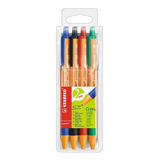 STABILO Pointball Colorful - Pack De 4 Stylos à Bille Rechargeables - Encre Bleu, Noir, Rouge, Vert - Pointe 0.5 Mm - Écologique