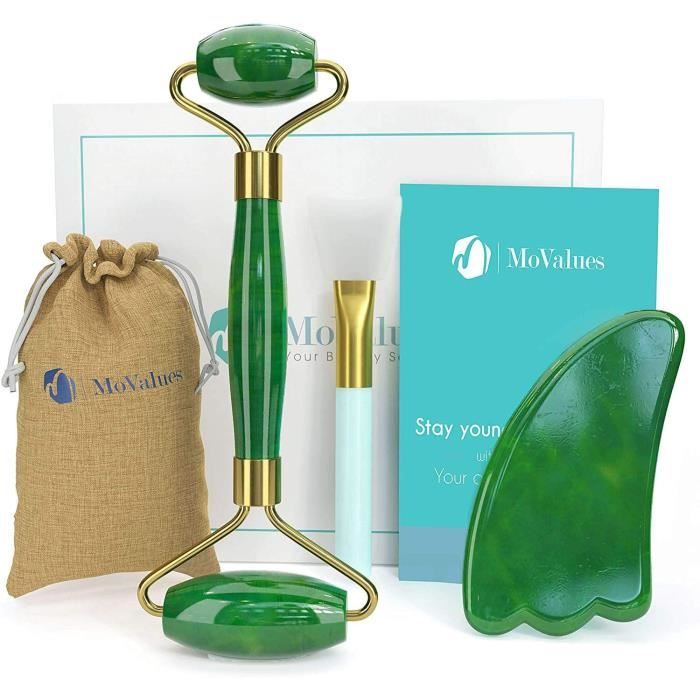 Rouleau de Jade Authentique et Gua Sha - Rouleau Jade Visage : 100% Naturel Jade - Jade Roller, Masseur de visage, Roller Visage pou