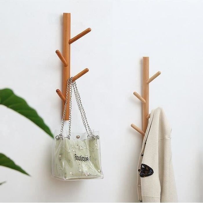 Porte Manteau Mural en Bois de Bambou - Forme d’ Arbre - 4 Crochets, lot de 2