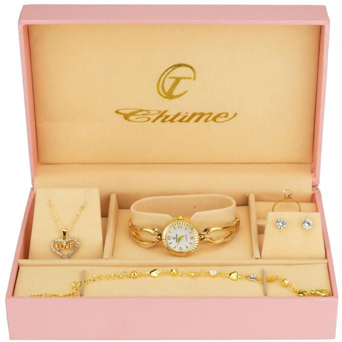 Coffret cadeau Montre Femme Blanc - Parure de Bijoux - Collier-Bague- Boucles d'oreilles - Bracelet