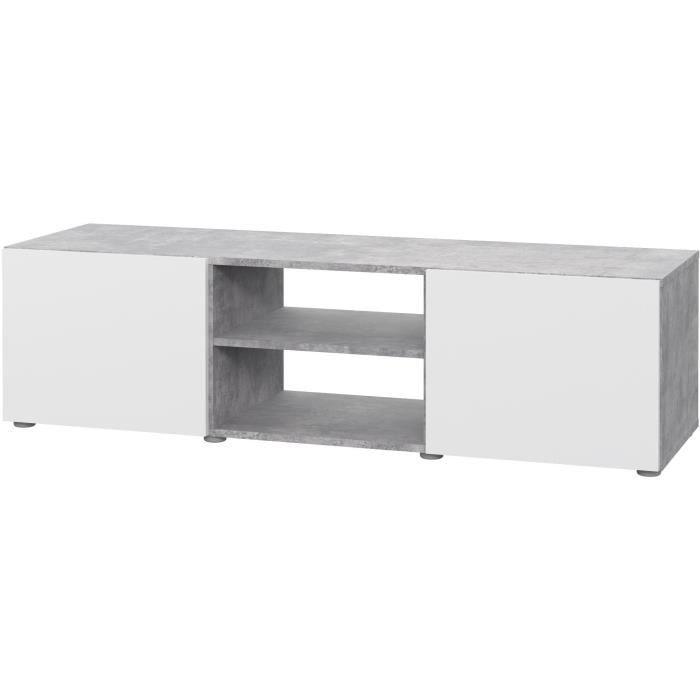 Meuble TV - Blanc et béton gris clair - L 140 x P 42 x H 31 cm - PILVI