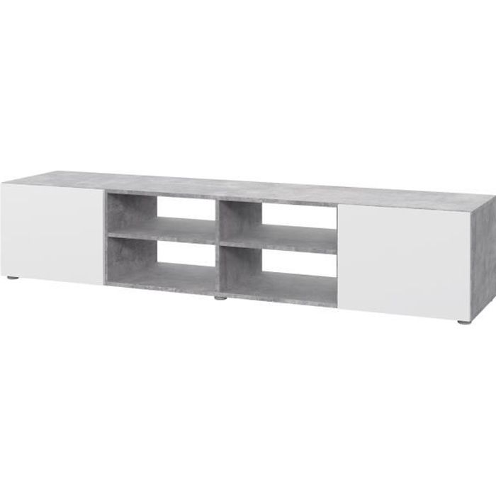 Meuble TV - Blanc et béton gris clair - L 180 x P 42 x H 37 cm - PILVI