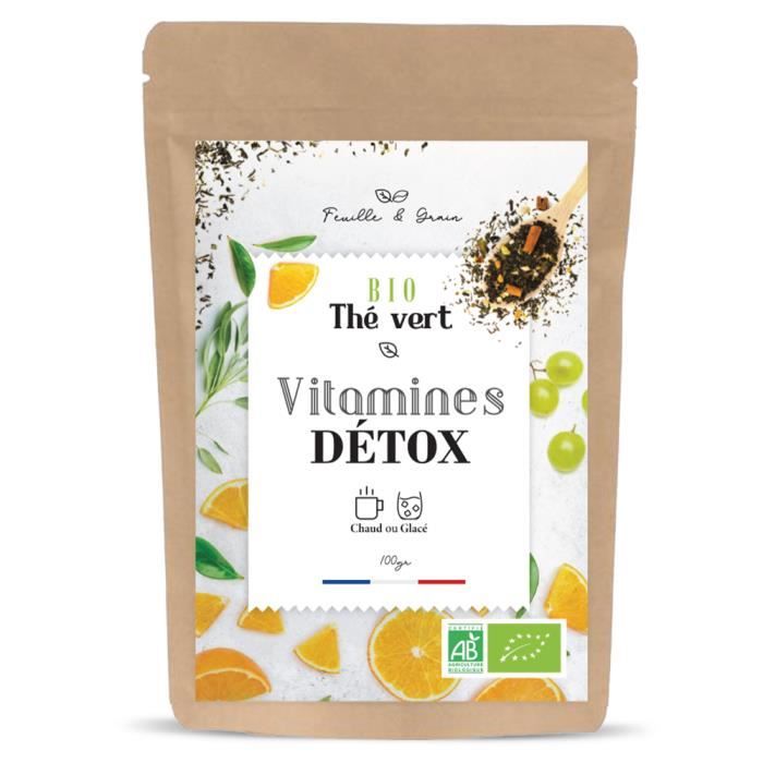 Vitamines Détox - Thé Vert Aromatisé Bio - Fruits Mélangés -Feuilles en Vrac - Plante Naturelle pour Infusion de qualité -Poids 100g