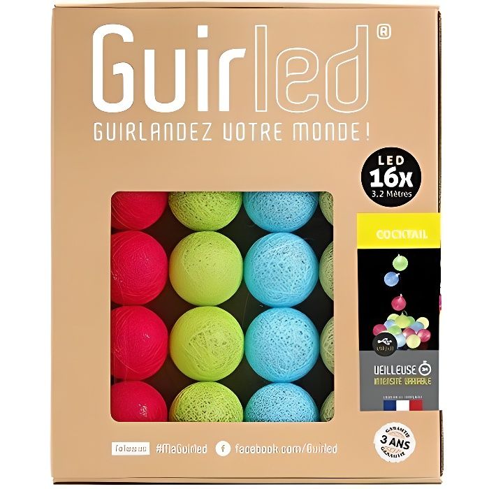 Guirlande lumineuse boules coton LED USB - Chargeur double USB 2A inclus - 3 intensités - 16 boules - Cocktail