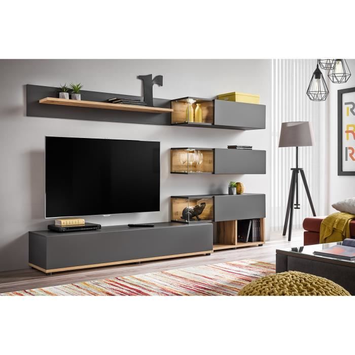 Ensemble pour votre salon KLIS . Composition murale coloris gris anthracite et chêne. LED incluses 40 Gris