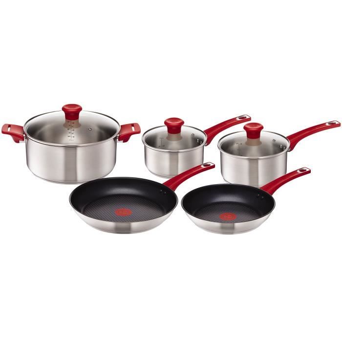 Tefal Set Poêles et Casseroles H801S5 Jamie Oliver Mainstream, 5 Pièces, Anti-Adhésif, Set de Départ, Acier Inoxydable, Rouge