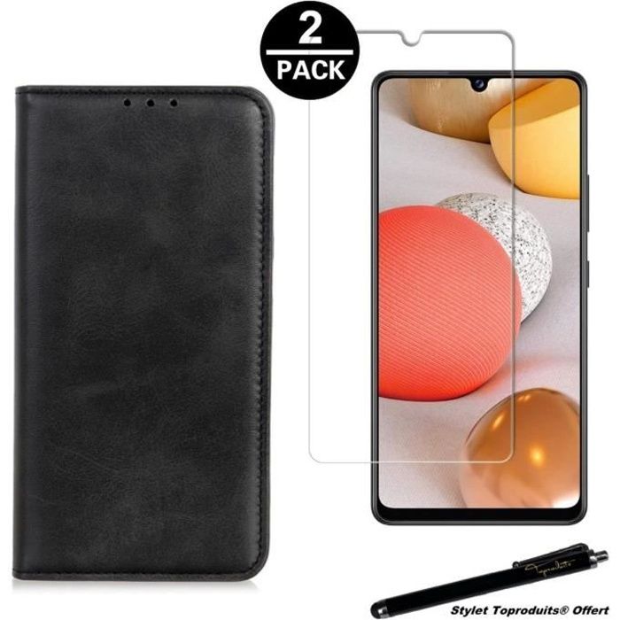 Etui portefeuille noir pour Samsung Galaxy A02S Housse à fermeture magnétique et 2 Verres trempés 2,5D avec Stylet Toproduits®