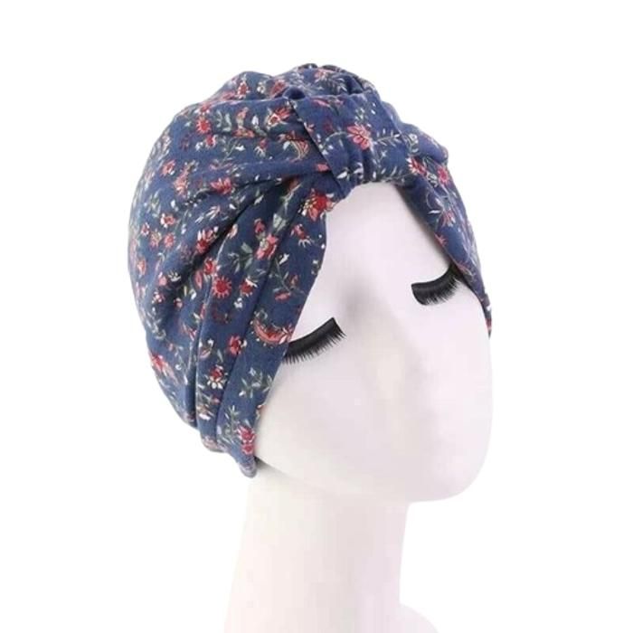 bonnet turban satin bleu fleurs chimio perte de cheveux foulard hijab alopecie