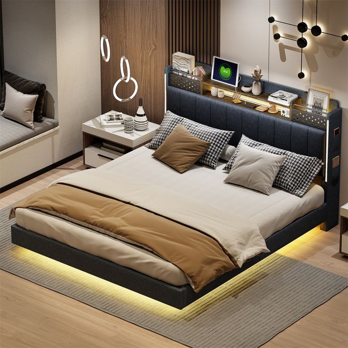 Lit 2 Place pour Adulte et Ado Lit 160x200 avec Sommier et éclairage LED Tête de Lit avec Rangement Ports USB Lin Gris