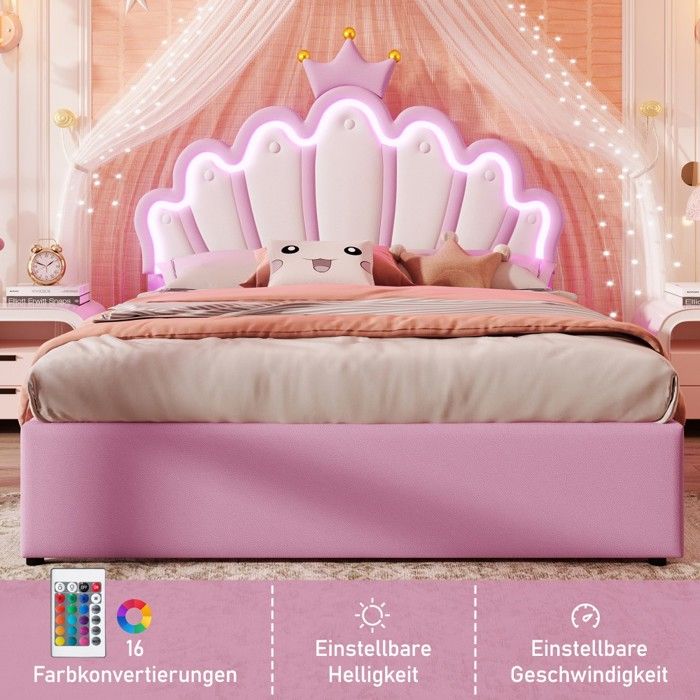 Lit Double Lit princesse couronne 140x200cm rose PU 2 tiroirs tête réglable lumière ambiante télécommandée -sans Matelas